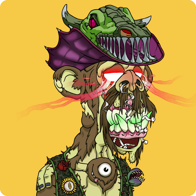 A cartoon illustration of a grotesque, monstrous character with a green reptilian creature wearing a purple cape perched on its head, featuring a distorted face with multiple teeth and small monster creatures attached to its body.