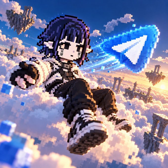 A pixel-art illustration of an anime-style character floating among clouds in the sky, wearing face stickers with Japanese characters and accompanied by a blue 3D envelope icon.