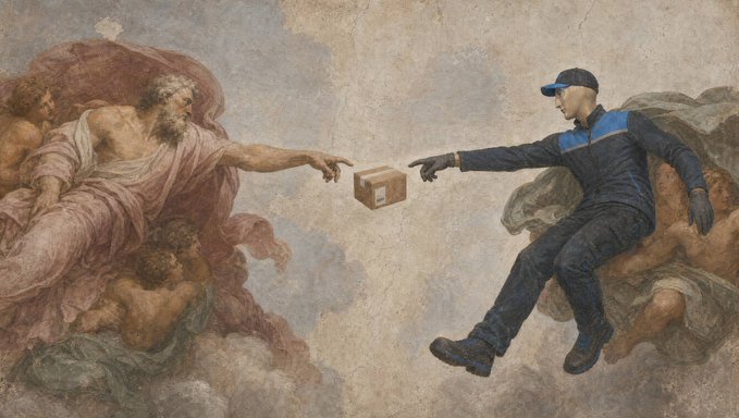 A digital artwork parodying Michelangelo's 'The Creation of Adam,' replacing the divine figure on the right with a modern delivery worker in a blue uniform and cap reaching for a small cardboard package instead of a finger touch.