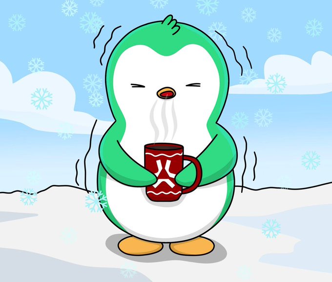 Cartoon illustration of a penguin shivering while holding a steaming red mug in a snowy landscape with falling snowflakes.