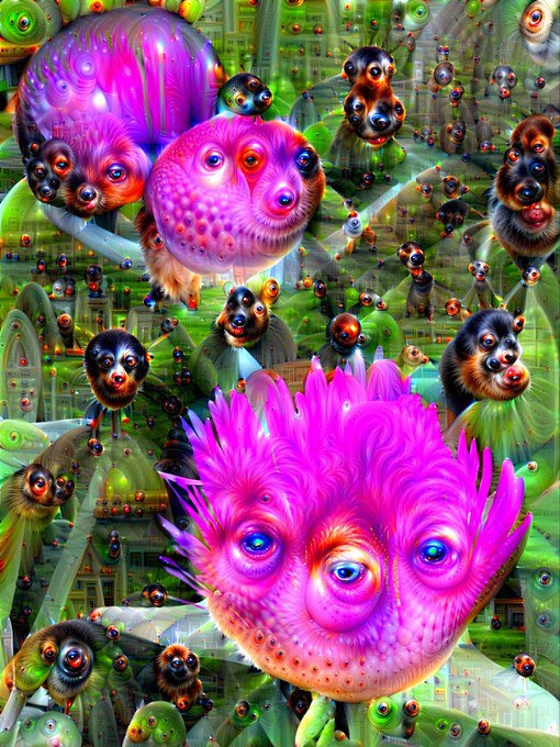 A surreal AI-generated artwork featuring numerous dog-like faces and bright pink fuzzy creatures with multiple eyes scattered across a green abstract background.