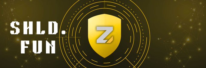 A promotional graphic for "SHLD.FUN" launching on Zcash, featuring a golden shield emblem with the Zcash "Z" logo set against a dark background with radiating circular lines and a network of connected nodes, reinforcing the post's announcement about the token platform's upcoming launch on the Zcash network.