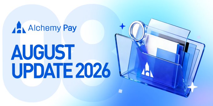 Promotional graphic for Alchemy Pay featuring the text 'AUGUST UPDATE 2026' alongside a 3D illustration of a blue card holder with coins and a card.
