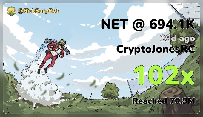 The image displays a promotional graphic from @RickBurpBot showcasing a 102x gain on CryptoJonesRC, noting "NET @ 694.1K" and "Reached 70.9M" from 29 days ago. The cartoon astronaut launching with a jetpack visually represents the explosive growth, aligning with the post celebrating NET's first 100x of the season.