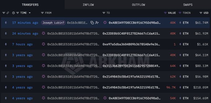 The image features a webpage with various tables, rows, and columns displaying different data. The main focus of the post is Joseph Lubin's wallet, which holds 243,300 ETH($370M), indicating that it has been recently transferred out of the wallet after more than 3 years of inactivity. Furthermore, there are other cryptocurrencies listed on this particular page, such as Ether (ETH) and Bitcoin Cash (BCH). The main post is set against a beige background with a dark border around it, drawing attention to the information displayed within the image and its relationship to the web page content.