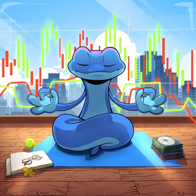 In this image, there is a colorful blue and purple creature, possibly a snake or lizard-like animal, sitting cross-legged on a blue mat with its hands resting on its lap. The animal appears to be meditating, surrounded by various items such as books, CDs, and a banana. There are also lines representing different stock prices displayed in the background against a cloudy sky backdrop. In this scene, there is some text related to finance and investments, suggesting that the image could represent an artistic or humorous commentary on economic topics.
