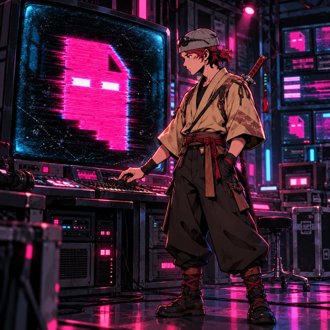 An anime-style illustration of a young warrior character with a sword strapped to their back, wearing a kimono-style top and hakama pants, standing at a control console in a neon-lit, cyberpunk server room with a large pink glitched face on a monitor.
