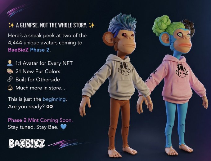 Promotional graphic for 'BAEBIEZ Phase 2' NFT project featuring two 3D monkey avatars in white and pink hoodies, advertising 4,444 unique avatars with 21 new fur colors.