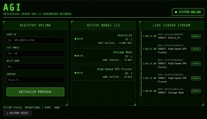 A green-themed interface titled 'AGI' (Artificial Green INU // ROBINWOOD NETWORK) shows system online status, registry uplink details with an agent ID 'GPU_NODE_ALPHA', three active nodes (Oracle_v3, Storage Node, High-Speed GPU Cluster), and a live ledger stream with successful transactions.