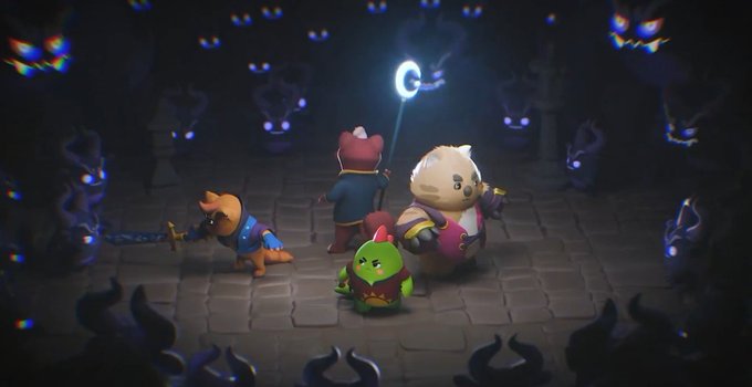 3D animated scene featuring four cute animal characters (a dog, bear, and two other creatures) standing in a dark dungeon-like room filled with shadowy monsters with glowing eyes.