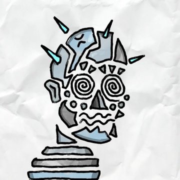 A sketch on crumpled paper depicting a stylized, fractured mask or face with spirals for eyes and a triangular mouth.