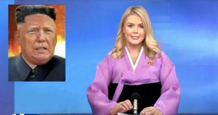 The image shows a news broadcast featuring an anchor in a traditional Korean hanbok presenting a story with an inset photo of Kim Jong-un. The scene humorously relates to the post's plumbing-themed commentary about cooling CPI/inflation data, with the anchor delivering "news" while the inset shows the North Korean leader.