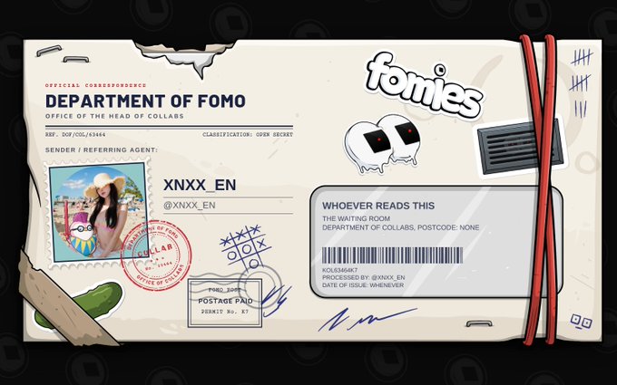 A digital collectible card styled as official correspondence from the 'Department of Fomo,' addressed to @XNXX_EN from @fomies, featuring photo stamps and a 'POSTAGE PAID' marking.