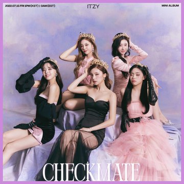 The mini album cover for ITZY's 'CHECK MATE', featuring the five K-pop group members posing in pink and black outfits with crowns against a pastel sky background.
