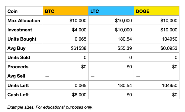 A cryptocurrency portfolio table displays investment details for BTC, LTC, and DOGE, showing maximum allocations of $10,000 each, purchase amounts, units bought and sold, and remaining cash, noted as 'Example sizes. For educational purposes only.'