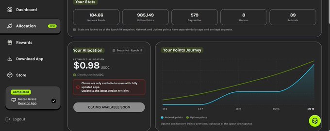 A dark-themed dashboard displays "Your Stats" with metrics including 184.66 Network Points, 985,149 Uptime Points, 579 Days Active, and 8 Devices, alongside an "Your Allocation" section showing an estimated allocation of $0.98 USDC. The image relates to the post by showcasing a Grass airdrop allocation checker, allowing users to view their estimated reward based on their network and uptime points.