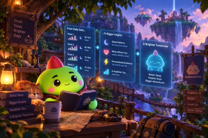 Fantasy-style illustration of the Sleepagotchi green character reading a book, surrounded by floating UI panels displaying 'From Daily Data', 'To Bigger Insights', and 'A Brighter Tomorrow' with text like 'Better Sleep', 'Bigger Dreams', and 'Healthier You'.