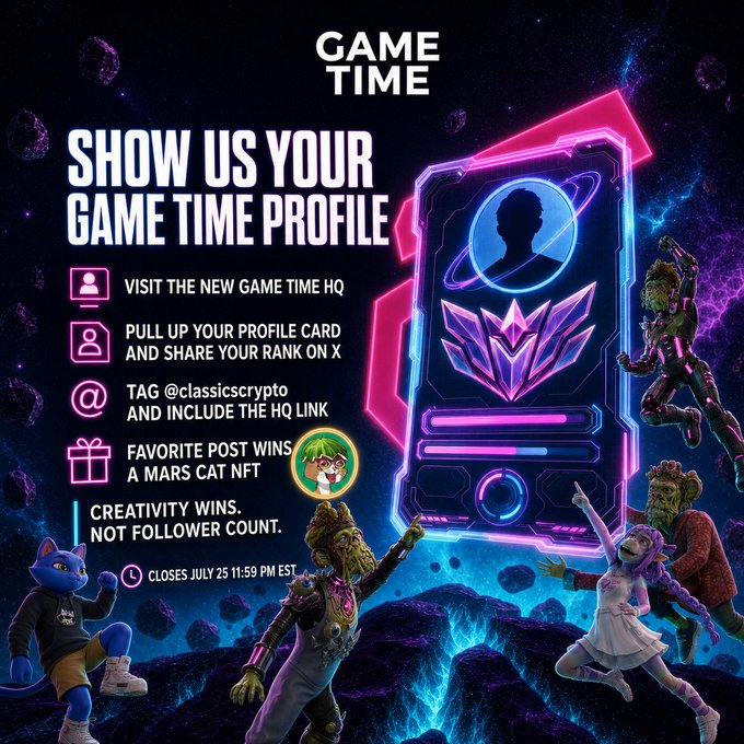 A vibrant promotional graphic titled "GAME TIME" invites users to "SHOW US YOUR GAME TIME PROFILE" by visiting the new Game Time HQ, pulling up their profile card, and sharing their rank on X while tagging @classicscrypto and including the HQ link. The contest, which closes July 25 at 11:59 PM EST, rewards the most creative post with a Mars Cat NFT, featuring colorful cartoon characters and a neon-lit profile card display.
