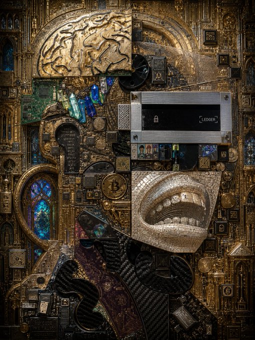 A grand mosaic-style portrait of a figure composed of gold circuitry and crypto imagery, including a Ledger hardware wallet, a Bitcoin emblem, stained-glass cathedral windows, and an architectural dome, is captioned "GM web 3 — Have a wonderful start into the new week. R3ORDR and grind," fitting the post's optimistic, grindset-driven Web3 greeting.

Visible text includes "LEDGER" on the hardware wallet, a "B" Bitcoin logo, and "R3ORDR" referenced in the caption.
