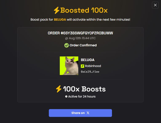 A confirmation screen for a 'Boosted 100x' order on a crypto platform, showing Order #GSY3SSWGFGYOPZROBUWW for BELUGA token on Robinhood, active for 24 hours.