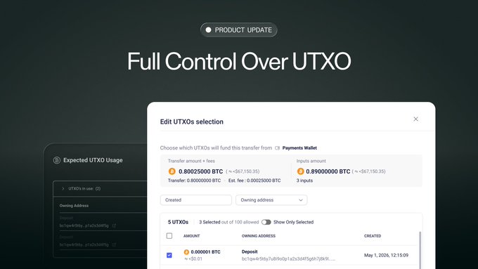 A product update graphic titled 'Full Control Over UTXO' showing a Bitcoin wallet interface for editing UTXO selections.