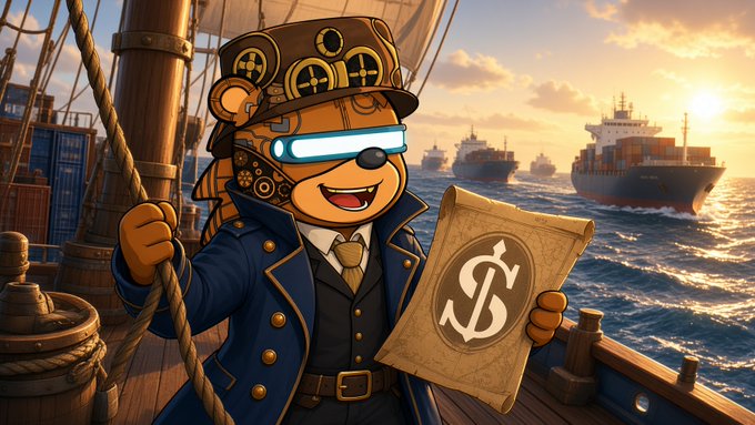 A cartoon bear dressed in a steampunk naval captain's uniform with glowing goggles holds a parchment displaying a large "$" symbol, standing on a ship's deck with cargo vessels visible on the horizon at sunset. The image visually reinforces the post's theme of a maritime-focused crypto project (EthraShip) that built its foundation on real-world shipping operations and tangible revenue before launching its token protocol.