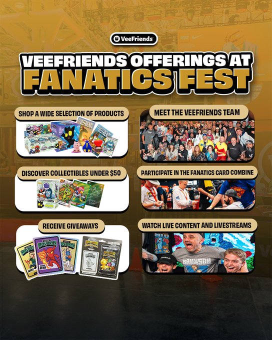A promotional graphic for "VeeFriends Offerings at Fanatics Fest" highlights six experiences including shopping a wide selection of products, meeting the VeeFriends team, discovering collectibles under $50 (such as 2026 Topps Chrome VeeFriends and graded comic books), participating in the Fanatics Card Combine, receiving giveaways, and watching live content and livestreams.