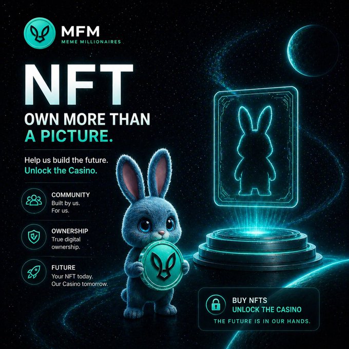 Another 'MFM MEME MILLIONAIRES' promotional poster focusing on NFTs, showing a fluffy white bunny next to a holographic NFT card. The text reads 'NFT OWN MORE THAN A PICTURE' and 'BUY NFTS UNLOCK THE CASINO', highlighting Community, Ownership, and Future.