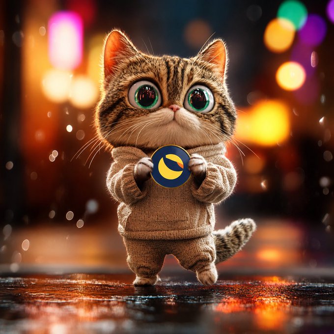 A 3D-rendered illustration of an adorable tabby kitten in a beige sweater holding a coin with a moon symbol, set against a bokeh city night background.