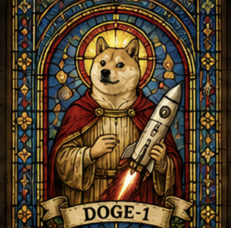 A stained-glass-style illustration of a Shiba Inu dog (Dogecoin mascot) dressed as a saint, holding a rocket with 'DOGE' written on it, with a banner below reading 'DOGE-1'.