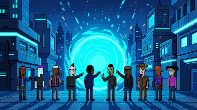 A pixel-art group of ten diverse punks stands before a glowing blue portal in a neon cityscape, with text reading "7 DAYS TO MINT ARC PUNKS MINT SEPTEMBER 16 ON @opensea" marking the countdown to their upcoming release.