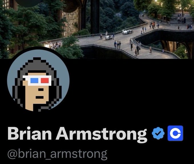 A pixel-art avatar depicting a face with a red-blue 3D glasses headset is displayed alongside the name "Brian Armstrong" (@brian_armstrong) with a verification checkmark and a blue "C" icon. The avatar serves as an NFT profile picture built on Ethereum ($ETH, $BMNR), matching the post's claim that Brian Armstrong updated his profile to an NFT.