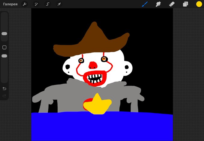A digital drawing app displays a child's artwork of a clown-like monster wearing a brown cowboy hat, with a red mouth full of teeth and a yellow star on a gray body. The piece connects to the story of Oliver, a young artist whose community has transformed his creative drawings—described as monsters, clowns, and creatures that shouldn't exist—into a Pump.fun token.