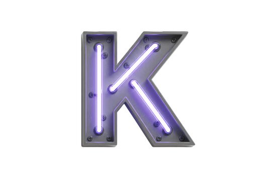 A 3D rendered letter "K" styled with a metallic frame and glowing purple neon tubing against a white background.