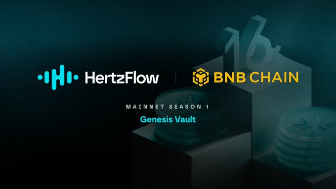 Promotional graphic for HertzFlow on BNB Chain announcing 'Mainnet Season 1: Genesis Vault' against a dark teal background with stacked coins.
