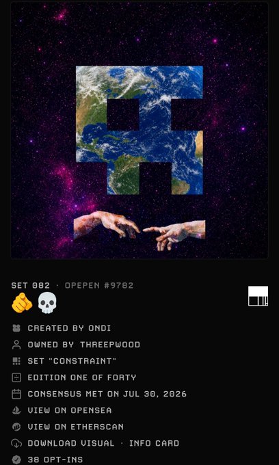 Digital collectible NFT artwork displayed on Opensea featuring an Earth texture in the shape of the letter 'H' with the iconic Creation of Adam hands below it, set against a purple space background; listed as SET 082, Edition 1/40, created by ONDI, owned by THREEPWOOD, with consensus met on JUL 30, 2026.