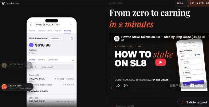 A promotional webpage for Cassava Corp showing a wallet interface with "Total Staked Value $618.98" and 250,000 SSLX, alongside the headline "From zero to earning in 2 minutes" and a YouTube tutorial titled "HOW TO stake ON SL8".