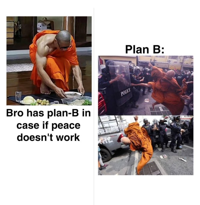 A meme featuring a muscular monk, labeled 'Bro has plan-B in case if peace doesn't work,' is paired with 'Plan B:' images showing the monk fighting with riot police.
