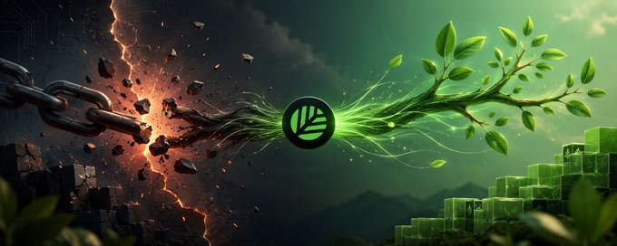 An artistic illustration showing a chain breaking apart on the left with lightning and debris, transforming into green leaves and a growing plant on the right, with a green logo in the center.