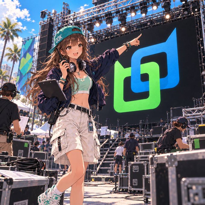 An anime-style illustration depicts a girl wearing a teal 'LOOK' cap and headphones, holding a microphone and pointing toward a stage with a green and blue logo.