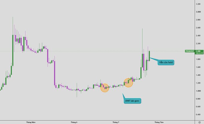 A candlestick chart of PROM/USDT showing price action with Vietnamese date labels (Tháng Năm, Tháng 6, Tháng 7, Tháng Tám), annotated with orange circles marking 'BWB lab gem' accumulation zones and a green arrow indicating 'wbtc con hold' near the 2.000 price level.