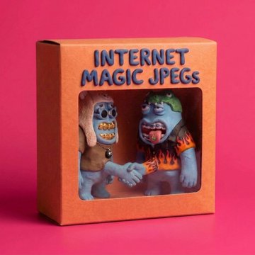 A 3D render of a toy box labeled 'INTERNET MAGIC JPEGS' containing two cartoon characters shaking hands, set against a pink background.
