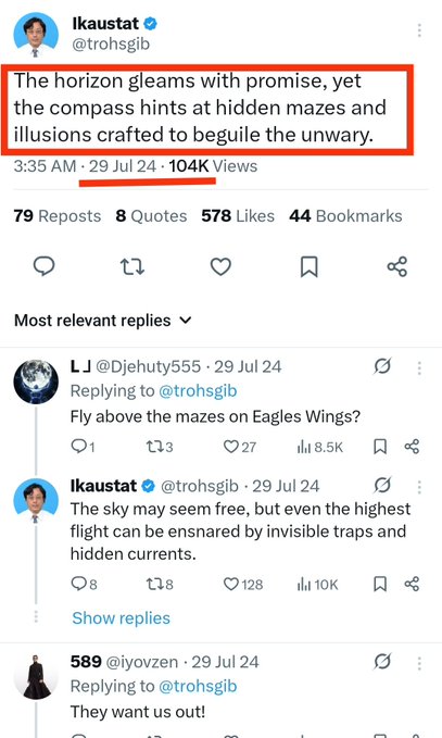 A screenshot of a tweet from @trohsigb (ikaustat) displaying the poetic text "The horizon gleams with promise, yet the compass hints at hidden mazes and illusions crafted to beguile the unwary" (104K views), with replies about flying above mazes on eagles wings. The cryptic, warning-themed tweet metaphorically aligns with the post's claim that a long-planned Bitcoin/crypto "simulation trap" is being set up, warning of hidden traps despite seemingly bullish price action.