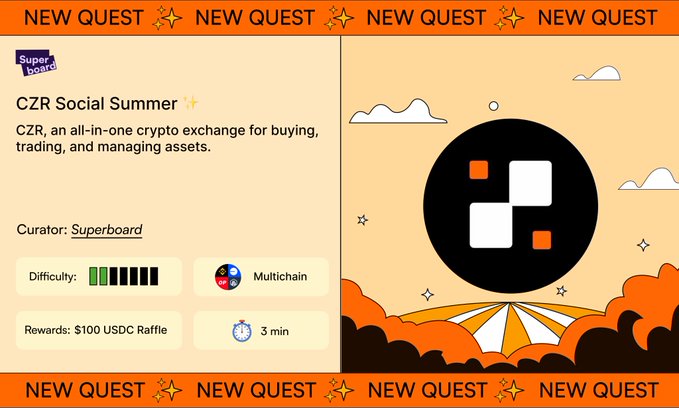 A promotional quest card for the "CZR Social Summer" campaign by Superboard, featuring the CZR crypto exchange with details including a 3-minute difficulty, Multichain support, and a $100 USDC raffle reward, designed to encourage users to follow CZR on X and join their Discord.