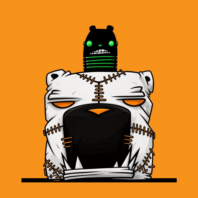 A stylized digital illustration of a stitched-together white bear head with orange eyes and a black snout, topped by a black robotic device with green glowing eyes and slats, set against a solid orange background.