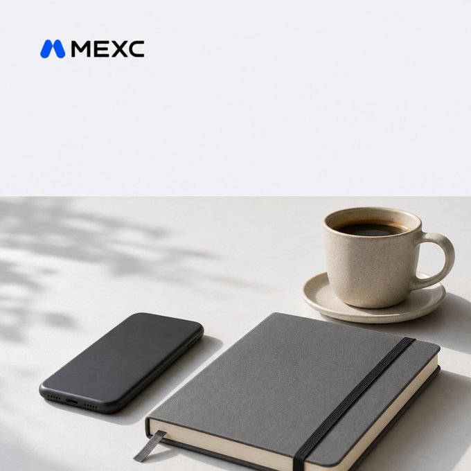 A minimalist product-style image featuring the MEXC logo at the top and a composition below showing a black smartphone, a dark gray notebook, and a beige ceramic cup of coffee on a white surface with plant shadows.