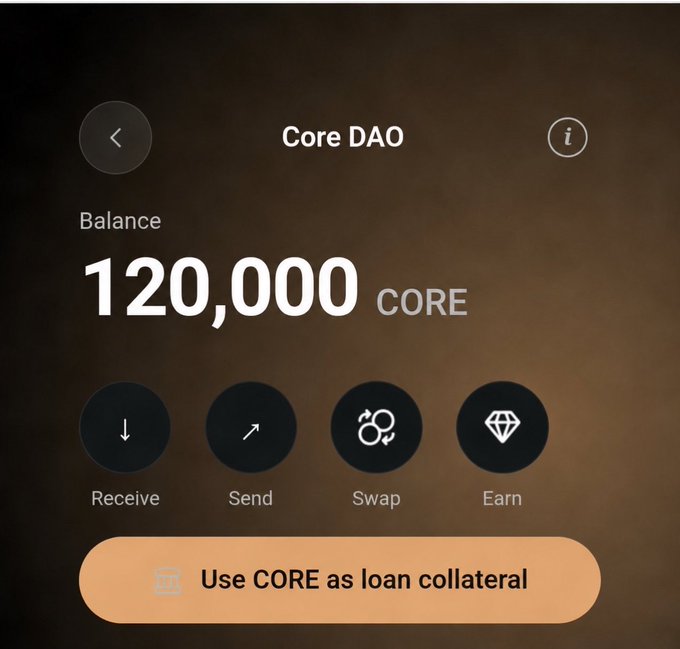 This image displays a screenshot of an advertisement for Core Dao, with several options related to trading cryptocurrencies such as sending them, receiving them or exchanging tokens at a specific value. The core message of the ad is to use Core Dao as a means to either send, receive or exchange cryptocurrency, depending on user preferences and needs.
