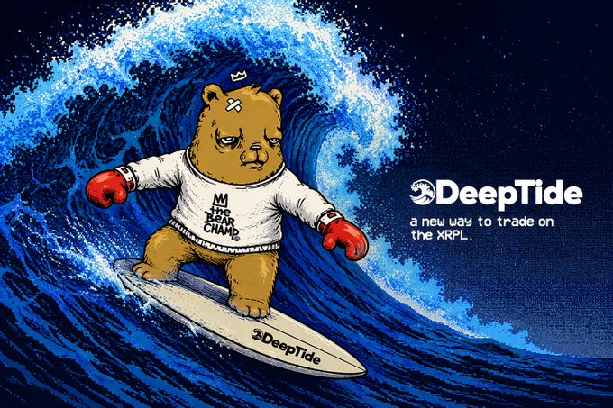 A determined teddy bear wearing a "MI The Bear Champ" shirt and red boxing gloves rides a wave on a surfboard labeled "DeepTide," accompanied by the tagline "DeepTide - a new way to trade on the XRPL." The artwork playfully captures the post's warning that the platform is becoming a "dangerous $DeepTide" as artists begin loading real art onto the XRP Ledger-based marketplace.