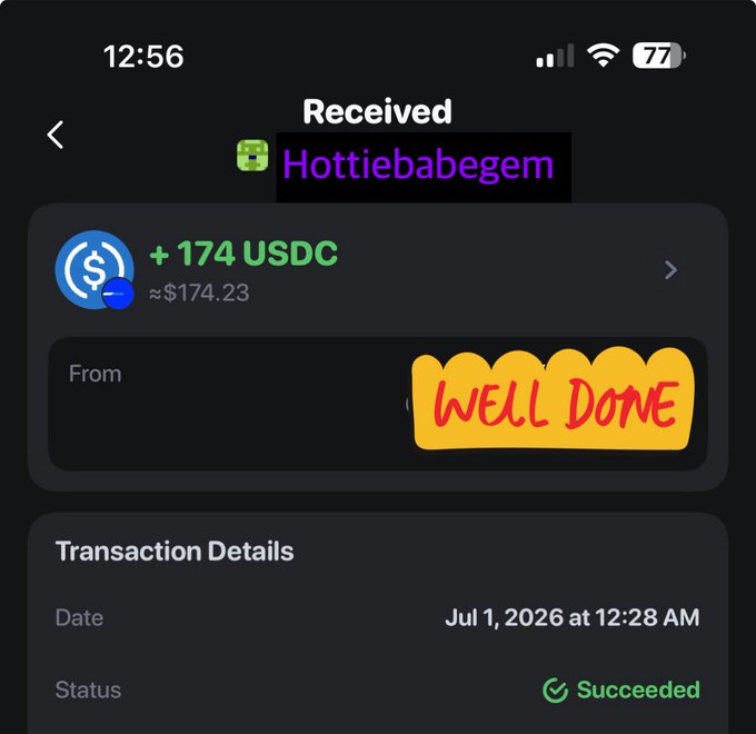 The image shows a cryptocurrency transaction confirmation screen displaying a successful receipt of +174 USDC (≈$174.23) from "Hottiebabegem" on July 1, 2026, with a "WELL DONE" sticker added. The transaction status is marked as "Succeeded," visually confirming the post's celebration of receiving the payment thanks to Wallchain and Prophet.