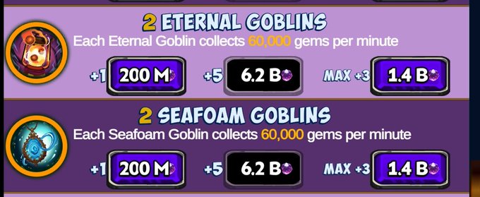 A game UI panel showing upgrade options for 'Eternal Goblins' (80,000 gems/minute) and 'Seafoam Goblins' (60,000 gems/minute) with associated costs.